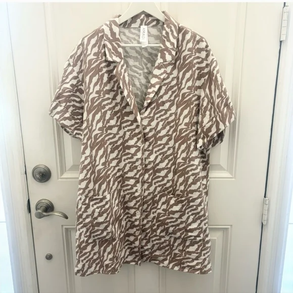 Anthropologie Amadi Zebra Stripe Safari Mini Shirt Dress Brown/White Med - Picture 7 of 16